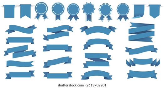Blue Ribbons Set And Isolated White Background With Gradient Mesh, Vector Illustration