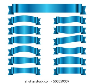 Blue ribbons set. Satin blank banners collection. Design label scroll blanks element, isolated on white background. Empty template for greeting or advertising. Symbols decoration. Vector illustration.