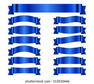 Blue ribbons set. Satin blank banners collection. Design label scroll blanks element, isolated on white background. Empty template for greeting or advertising. Symbols decoration. Vector illustration.
