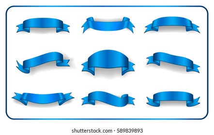Blue ribbons set. Satin blank banners collection. Design label scroll bow blank elements isolated on white background. Empty template for greeting, advertising, decoration Vector illustration