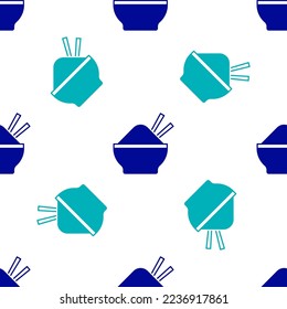 Blue Rice in a bowl with chopstick icon isolated seamless pattern on white background. Traditional Asian food.  Vector