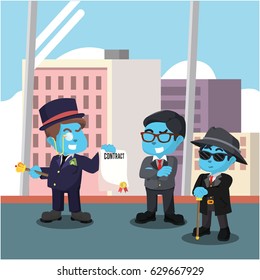 blue rich man offering contract to business man
