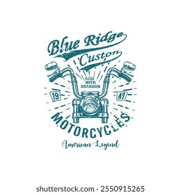 Motocicletas custon de cume azul 1947. Escrito em azul e com uma motocicleta azul como a imagem central. Vetor para serigrafia, dtg, dtf, t-shirts, sinais, banners, Subimation Jobs ou para qualquer aplicação