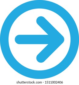 blue right rounded arrow in blue circle icon. Isolated on white. Continue icon. Next sign. East arrow.