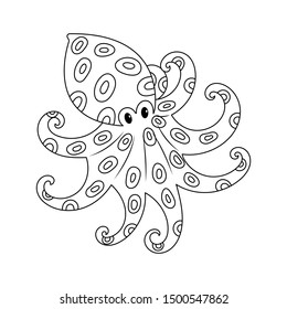 Blue ring octopus vector cartoon isolated on white background. Poisonous ocean creature. Cute octopus vector cartoon colorless for coloring book. 