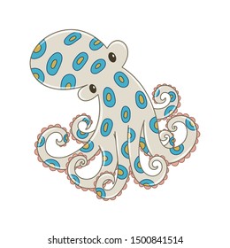 Blue ring octopus vector cartoon isolated on white background. Poisonous ocean creature. Cute octopus vector cartoon. 