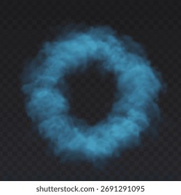 Blue Ring Smoke Cloud on dark transparent background. Fog circle frame