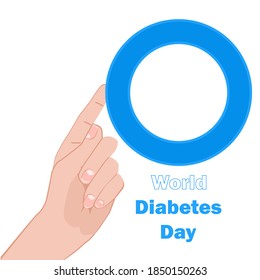 El anillo azul es un símbolo del Día Mundial de la Diabetes. La mano toca el anillo azul, el cuidado de la diabetes. Ilustración del vector
