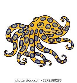 Blue ringed octopus Aussie color vector character. Front view figure. Full body wild mollusk on white. Simple cartoon style illustration