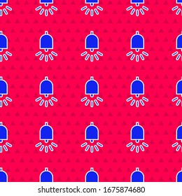 Blue Ringing alarm bell icon isolated seamless pattern on red background. Fire alarm system. Service bell, handbell sign, notification symbol.  Vector Illustration