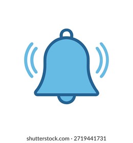 Blue ringing bell icon with a flat design style on a White Background.
