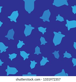Blue Ringing bell icon isolated seamless pattern on blue background. Alarm symbol, service bell, handbell sign, notification symbol. Vector Illustration