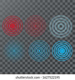 Blue rings sound wave. Radar screen concentric circles elements. Radio station signal. Radio signal background. Red rings. Pain circle. Symbol of pain. Vector illustration