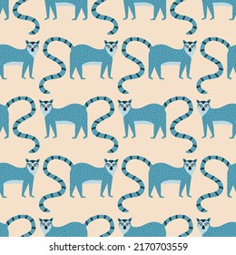 Blue ring-tailed lemurs hand drawn vector illustration.Cute safari animals seamless pattern for kids fabric or wallpaper.