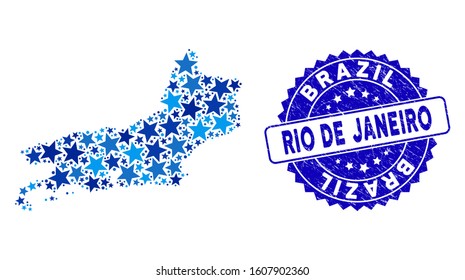 Blue Rio de Janeiro State map composition of stars, and textured round seal. Abstract geographic scheme in blue color tints. Vector Rio de Janeiro State map is designed of blue stars.