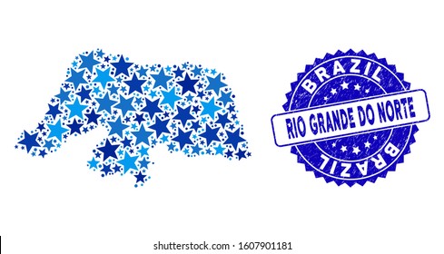 Blue Rio Grande do Norte State map composition of stars, and distress rounded stamp. Abstract territory plan in blue color tints. Vector Rio Grande do Norte State map is designed of blue stars.