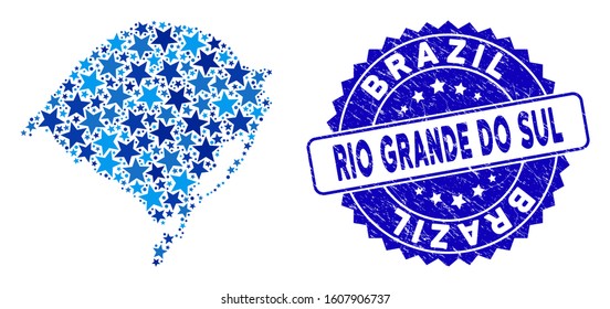 Blue Rio Grande do Sul State map composition of stars, and distress rounded stamp. Abstract territory plan in blue color hues. Vector Rio Grande do Sul State map is constructed of blue stars.