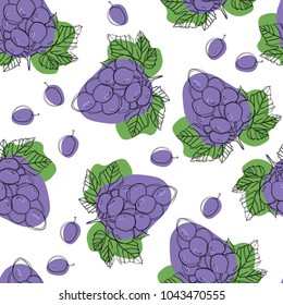 Blue ripe grape berries, seamless vector pattern isolated on white background. 