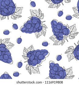 Blue ripe grape berries, seamless vector pattern isolated on white background.