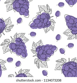 Blue ripe grape berries, seamless pattern isolated on white background. 