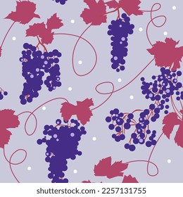 Blue ripe grapes. Seamless vector pattern on a white background.  Wine berries pattern. Wine bottle label.