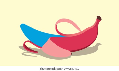 Banana vectorial azul maduro en cáscara roja. Frutos de arte pop. Helado pelado banana, miente y arroja sombra