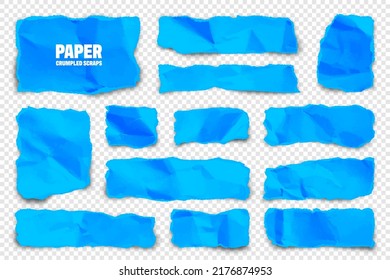 Blue ripped paper strips. Realistic colorful crumpled paper scraps with torn edges. Shreds of notebook pages. Vector illustration