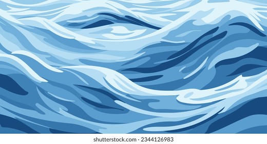 Las ondas azules y las salpicaduras de agua superan el diseño de forma plana ilustración vectorial. El mar o el río salpican el fondo de la textura del agua. Una superficie inquieta del mar, el océano, el lago o los ríos en olas