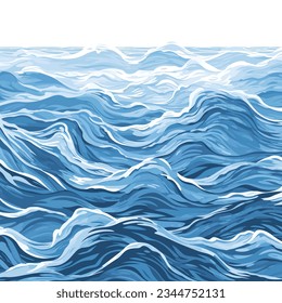 Las ondas azules y las salpicaduras de agua superan el diseño de forma plana ilustración vectorial. El mar o el río salpican el fondo de la textura del agua. Una superficie inquieta del mar, el océano, el lago o los ríos en olas