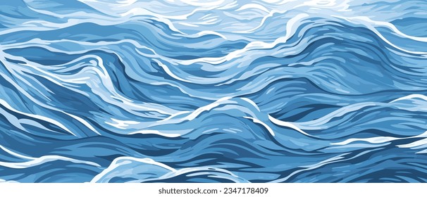 Las ondas azules y las salpicaduras de agua superan el diseño de forma plana ilustración vectorial. El mar o el río salpican el fondo de la textura del agua. Una superficie inquieta del mar, el océano, el lago o los ríos en olas