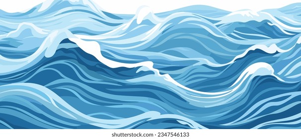 Las ondas azules y las salpicaduras de agua superan el diseño de forma plana ilustración vectorial. El mar o el río salpican el fondo de la textura del agua. Una superficie inquieta del mar, el océano, el lago o los ríos en olas