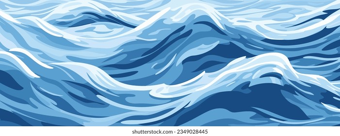 Las ondas azules y las salpicaduras de agua superan el diseño de forma plana ilustración vectorial. El mar o el río salpican el fondo de la textura del agua. Una superficie inquieta del mar, el océano, el lago o los ríos en olas