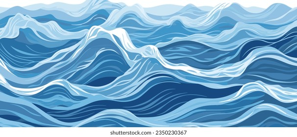 Las ondas azules y las salpicaduras de agua superan el diseño de forma plana ilustración vectorial. El mar o el río salpican el fondo de la textura del agua. Una superficie inquieta del mar, el océano, el lago o los ríos en olas