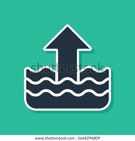 Blue Rise in water level icon isolated on green background.  Vector