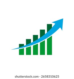 Blue rising arrow with gradually increasing green bar sizes, logo for stock market companies, courses selling, icon of success.
