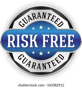 Blue risk free badge /button with silver border on white background