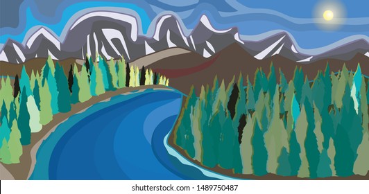 Blue river among mountains and forests