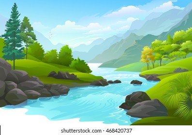 Blue river flowing across green forest