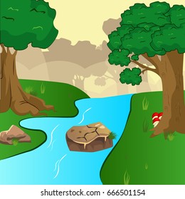 Blue river flowing across green forest vector
