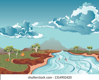 Blue river flowing through the high mountain and rafting people landscape background.