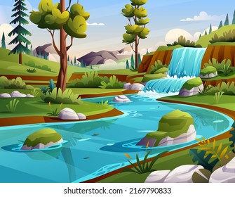 Blue river in forest with mountains landscape background illustration