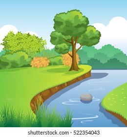 Blue River and Forest Scenery with Tree, Bush, Grass, Sky and Clouds.Vector Illustration.