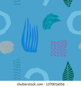 La hierba del río azul fluye el flujo fluvial sin fisuras patrón de inspiración floral elemento de diseño gráfico de la tipografía. Postal dibujada a mano. Estilo de collage de papel vectorial simple y simple