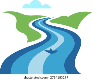 Blue River Icon Abstract Wavy Green Path Vector Logo and Clean Water Stream Symbol