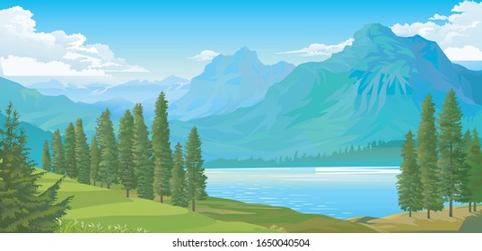 Blue river with large meadows, big trees and giant mountains