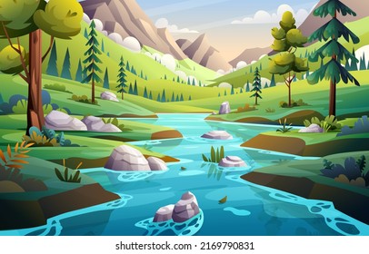 Blue river in mountain valley landscape background illustration