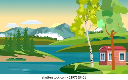 Blue river ribbon among green hills red house on coast vector countryside