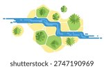 A blue river runs through a green and yellow landscape isolated on white background, Vector, illustration