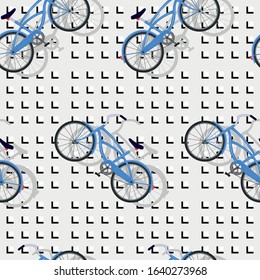 Blue road bicycle seamless vector pattern on abstract geometric square gray background