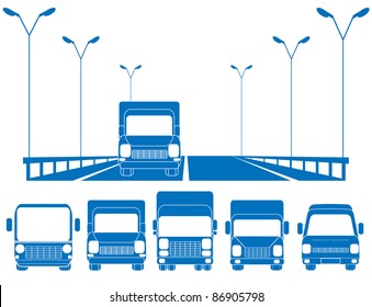 blue road with lantern, fence and set of trucks